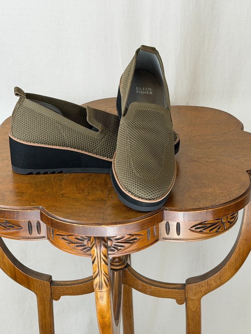 NIB Eileen Fisher Lindy Stretch Olive Comfort Slip On Knit Wedge #0301 US 11